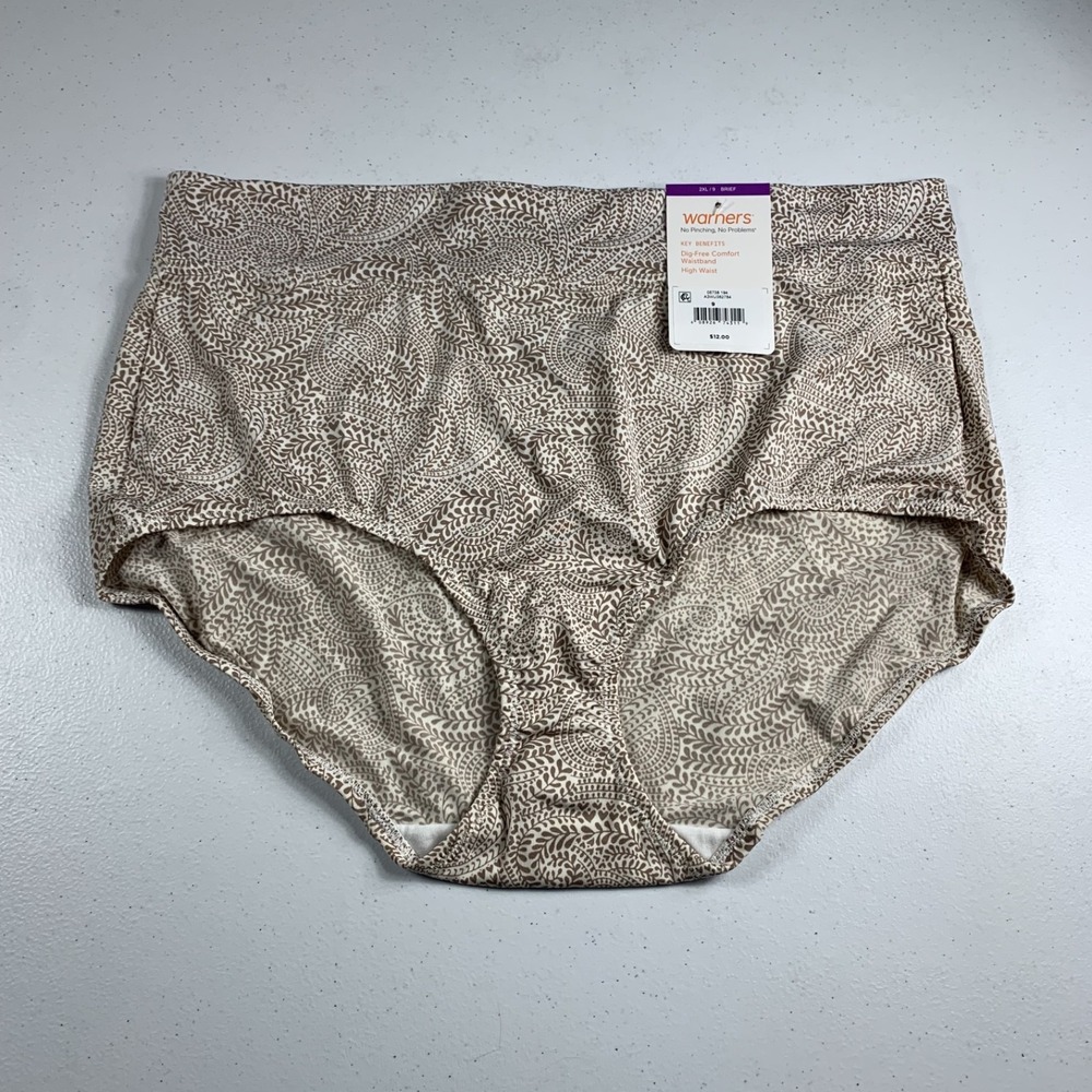 Warner's Women's Brief Underwear 2XL Brown Printed High Waist No Pinch Panty NWT
